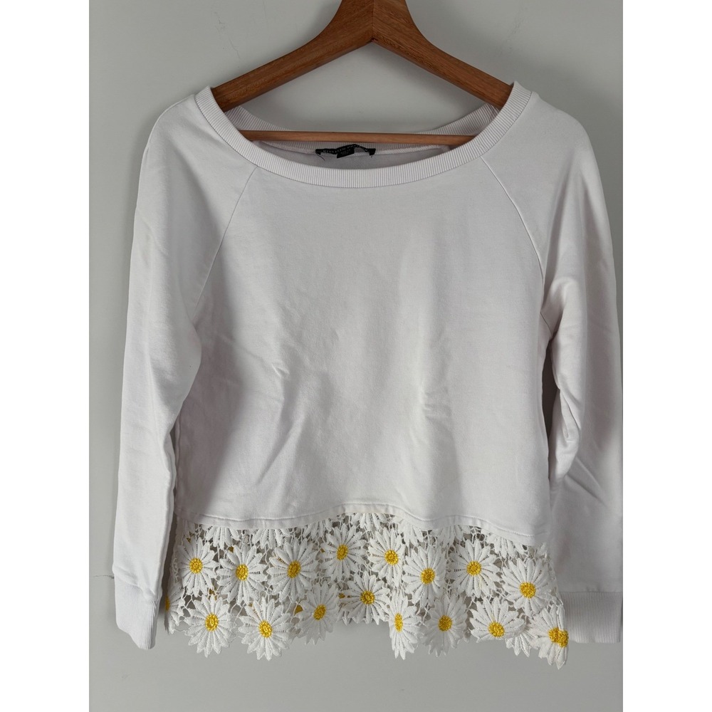 Boston Proper Womens Daisy Crochet Lace Hem Sweatshirt White Floral XS